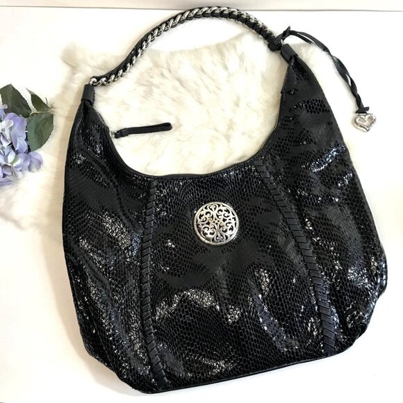 Brighton Snake Skin Hobo Shoulder Bag Black Authentic Large - Picture 1 of 11